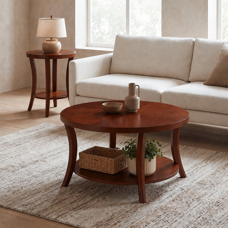 Table basse ronde Dinh avec tablette, Mahogany