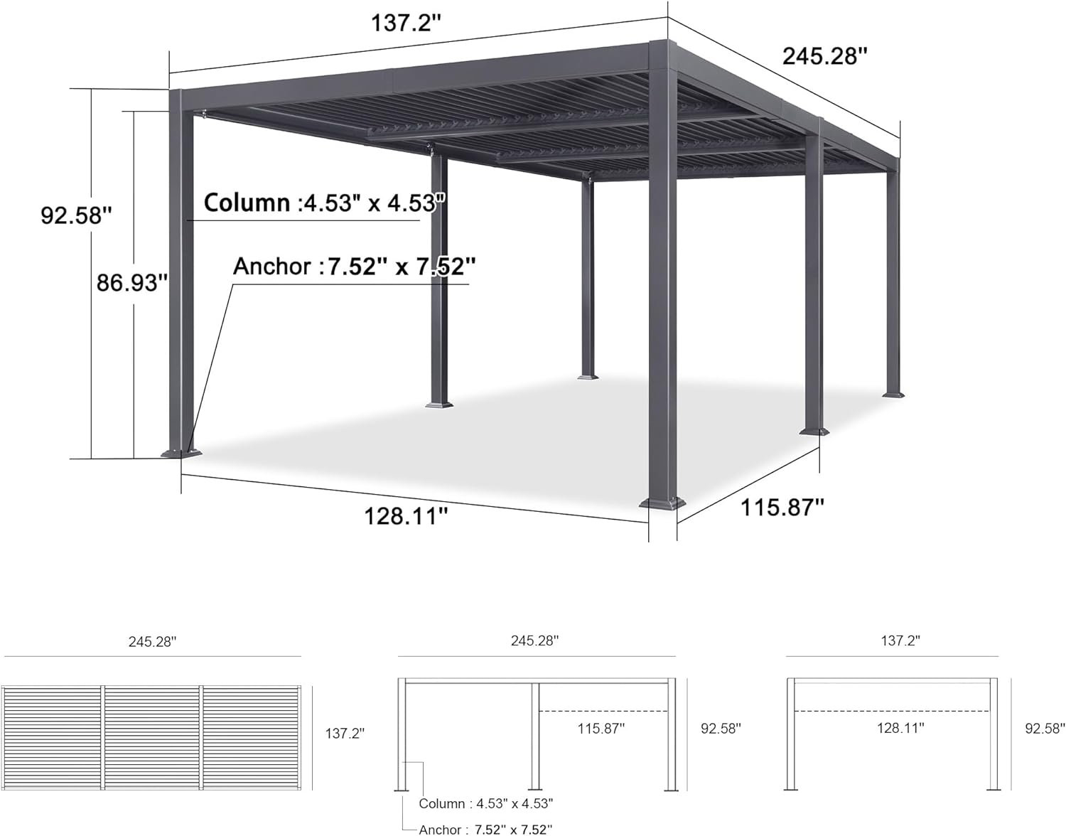 Louvered Pergola, 92.58"H x 245.28"W x 137.2"D