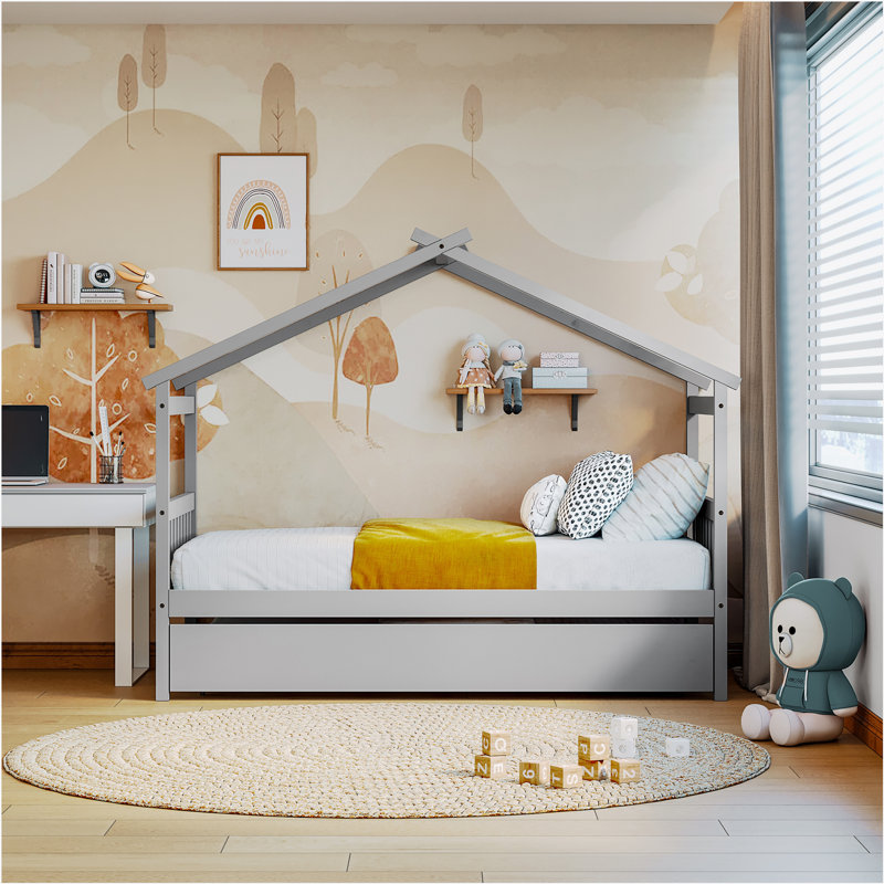Annais Wooden House Bed with Trundle, Full, Gray