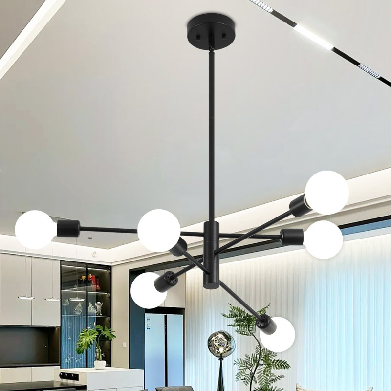6 - Light Dimmable Sputnik Spider Chandelier, Matte Black
