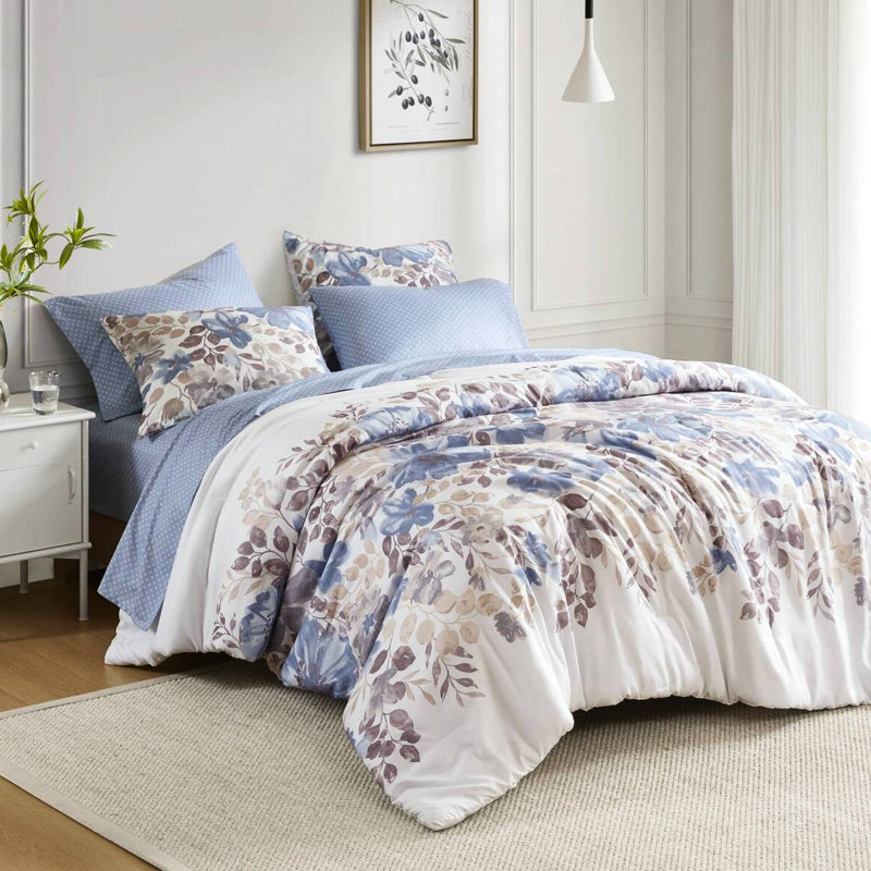Édredon avec draps bleus pour lit simple floral, décoration