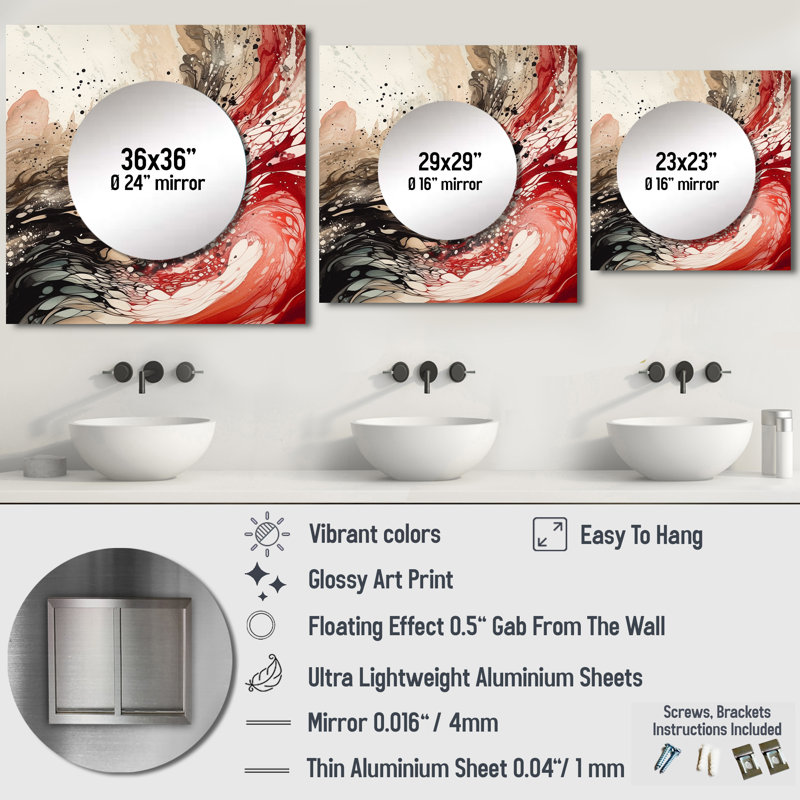 Agate rouge rouge et noire I - art mural abstrait carré pour salle de bain, 29 po x 29 po