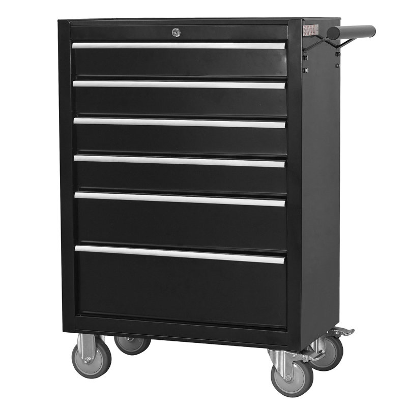 Armoire à outils 6 tiroirs, coffre à outils en métal de grande capacité avec roulettes et verrouillable, chariot à outils de rangement pour le garage, l'entrepôt, l'atelier - noir