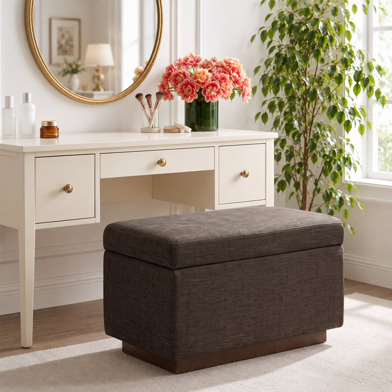 Banc de rangement rembourré de 75 cm (29,5 po), tabouret de maquillage rembourré avec plateau relevable et base en bois pour chambre à coucher