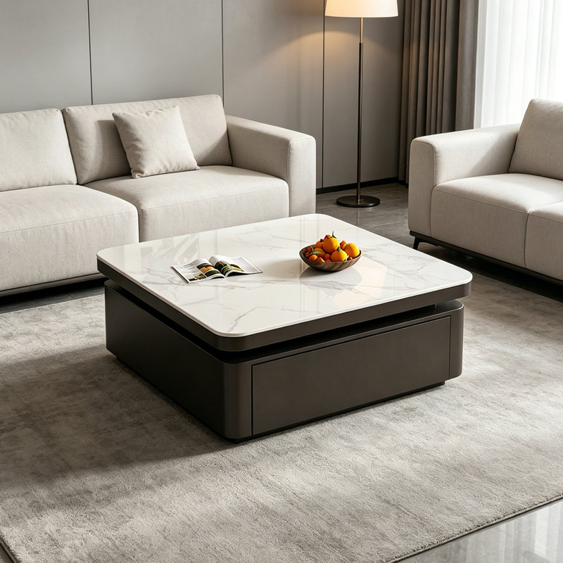 Table basse de luxe Italian Light, H 14,56 po x L 27,55 po x l 27,55 po, Blanc / Gris, Noir