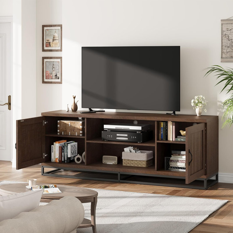 Farmhouse TV Stand for 75 inch, Grey Entertainment Center with Metal Legs & Adjustable Shelves, Brown