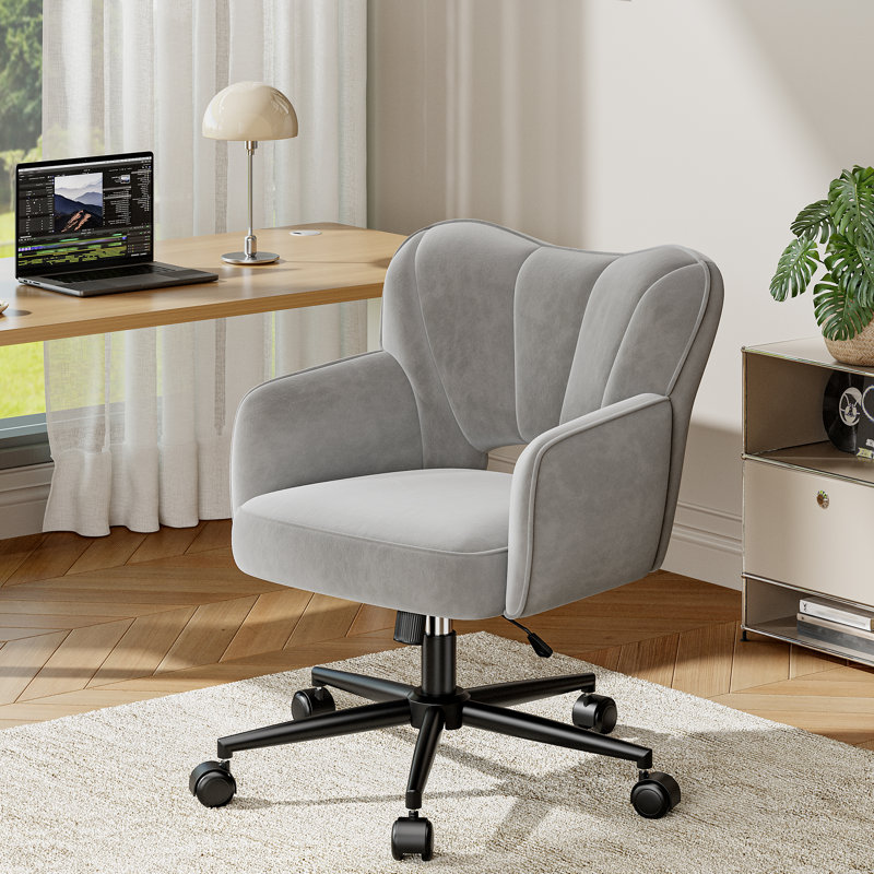 Swivel Arc Back Upholstered Vanity Chair With Tilt Function And Armrests, Gray
