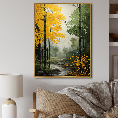 Canopée orange, arbres verts, patchwork II - art mural de salon