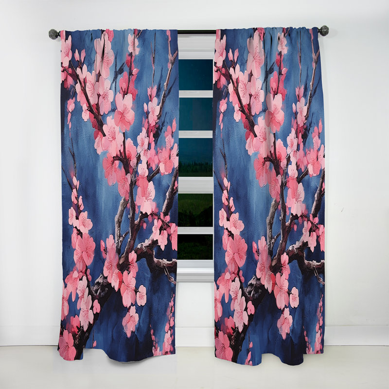 Gennaro Pink And Blue Cherry Blossoms Symphony - Traditional Velvet Curtain - Room Darkening - 1 panel, 52" W x 95" L