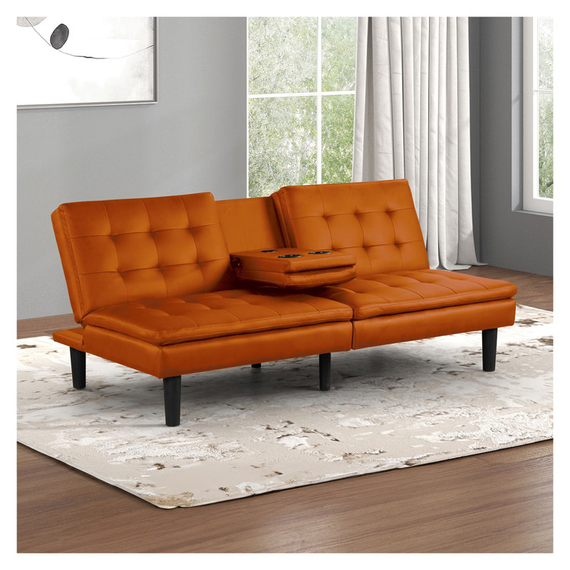 Canapé-lit futon contemporain orange avec chargeurs USB intégrés et table rabattable