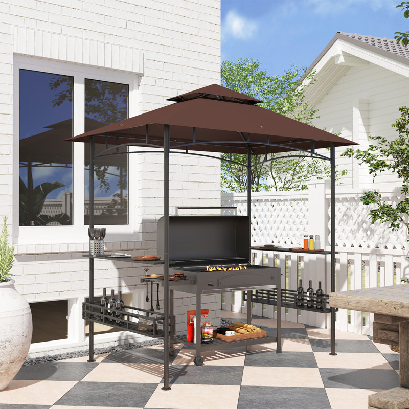8' x 5' Grill Gazebo, 2-Tier Outdoor BBQ Gazebo with 2 Side Shelves, Storage Baskets and Ceiling Hook for Patio Deck Yard