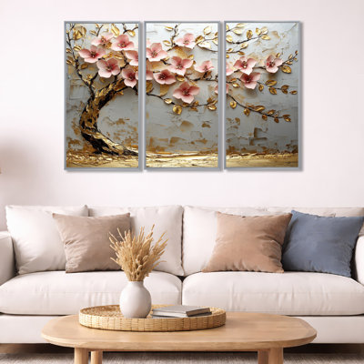 Arbre de fleurs de cerisier roses et dorées au bord du lac III - Ensemble de décorations murales fleurs de cerisier