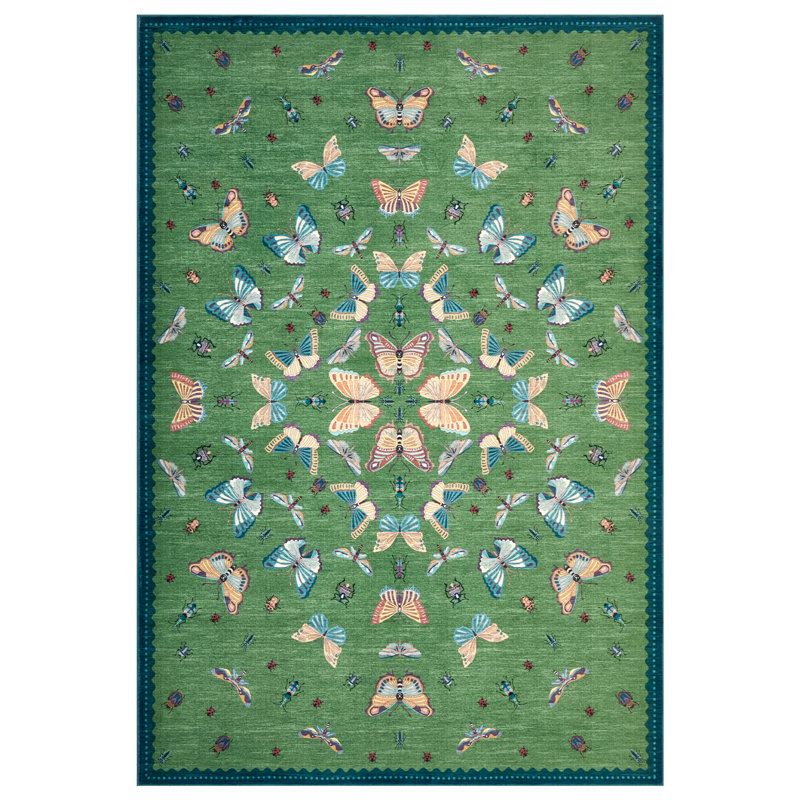 Très grand tapis lavable à imprimé insectes 9 x 12 avec envers en caoutchouc, tapis antidérapant doux pour le bureau, Vert