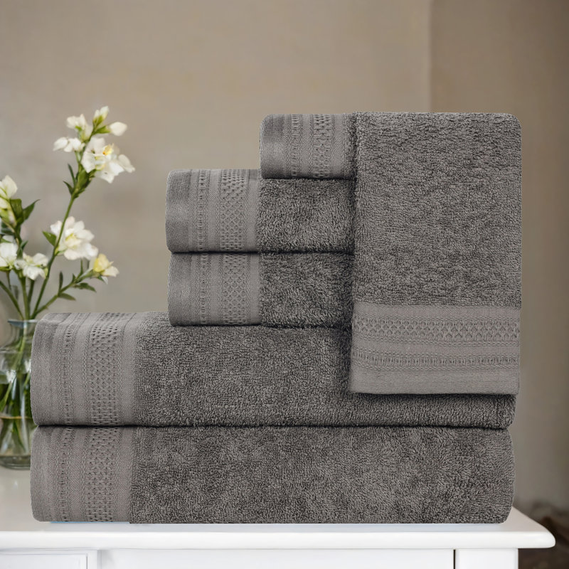 Honeycomb Textured Waffle Border Cotton Medium Weight 6 Piece Towel Set, Gunmetal