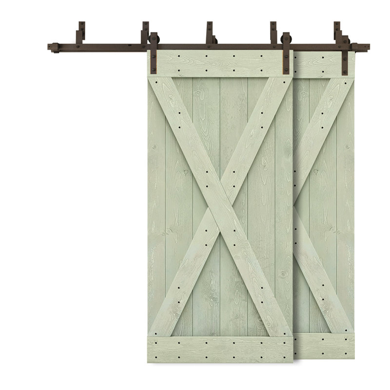 Porte de grange double à panneaux en bois teinté à panneau avec ensemble de quincaillerie coulissante, 64 po x 84 po