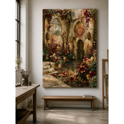 Old Ornate Building Courtyard, Realism Large Canvas Wall Art, Beige/Tan and Deep Red Hues, Historic/Antique Decor, For Living Room
