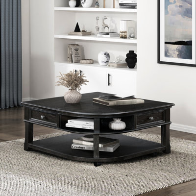 Table basse gris anthracite avec plateau relevable, tiroir et tablettes ouvertes