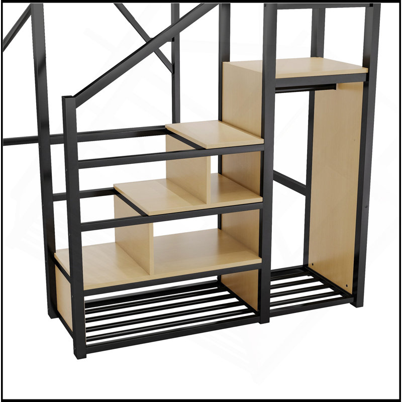 Lit mezzanine double avec escalier, lit mezzanine double en métal avec tablettes de rangement, lit mezzanine haut avec garde-robe