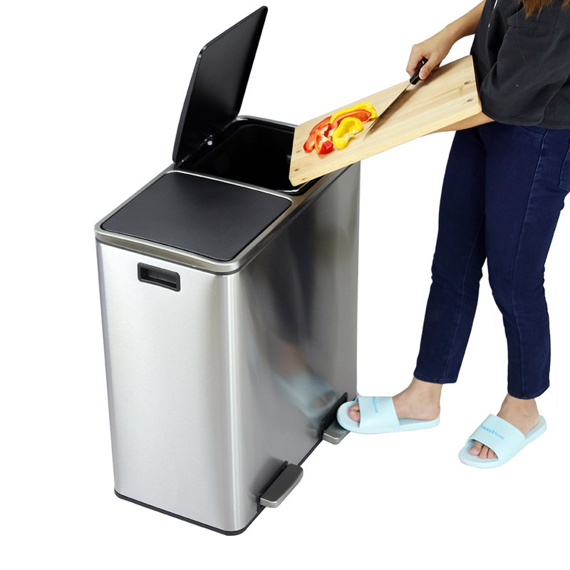 Silver Stainless SteelKitchen Waste System,Recycling Pedal Bin with Double Compartments,2x30L Double Bin for Recycling and Waste with 2Pedal