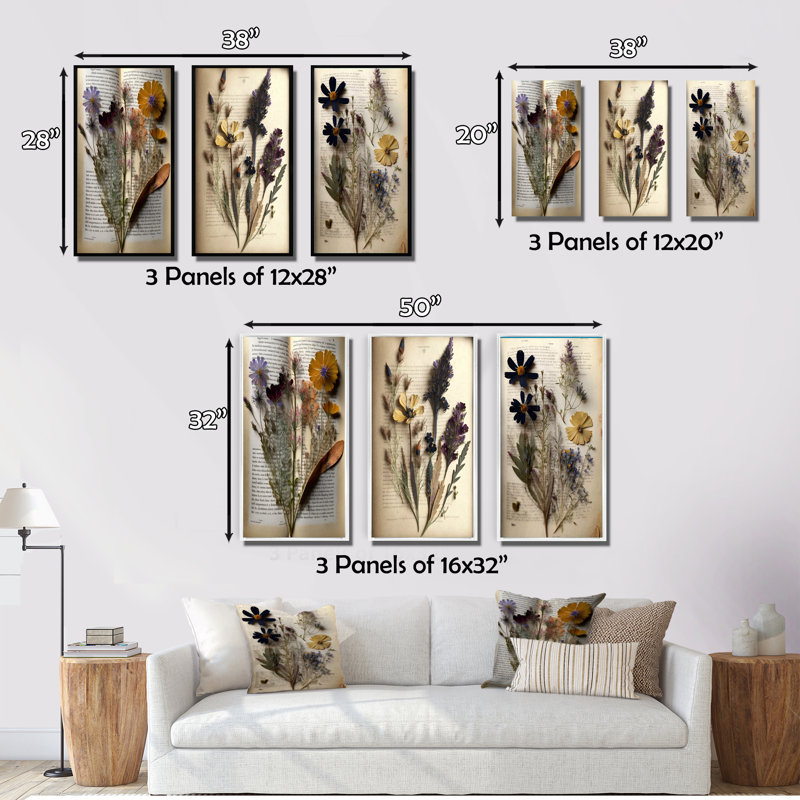 «Dried Vintage Wildflowers III», 3 pièces sur toile, Cadre flottant blanc, H 32 po x l 48 po