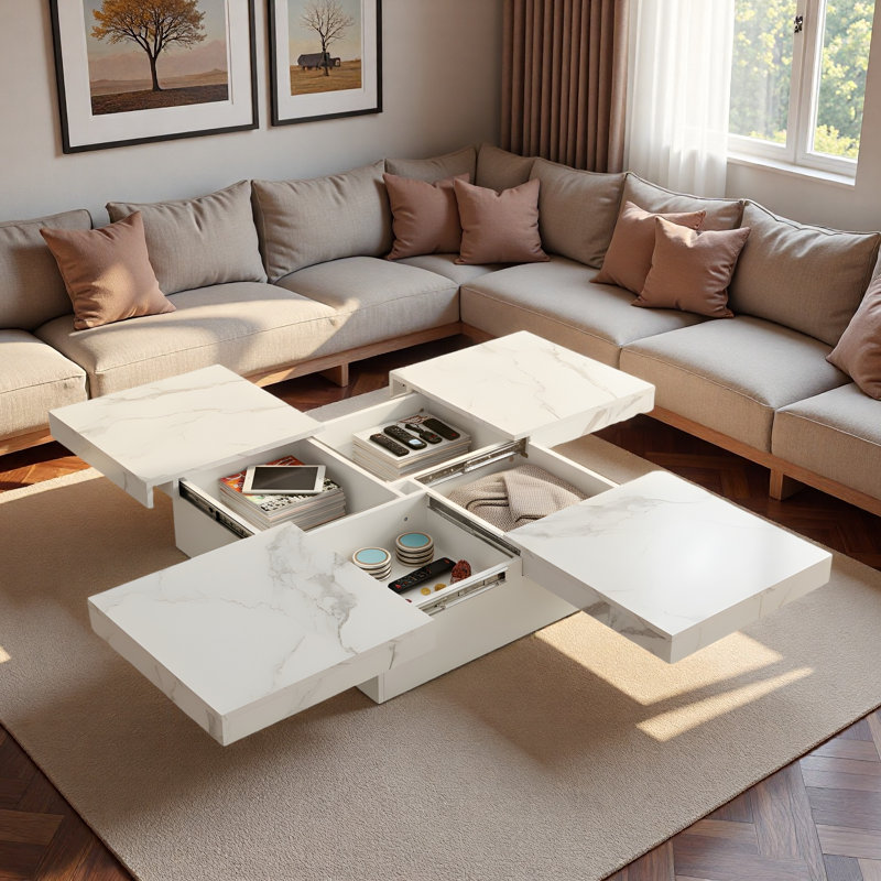 Table basse carrée en placage avec plateau coulissant et grand espace de rangement