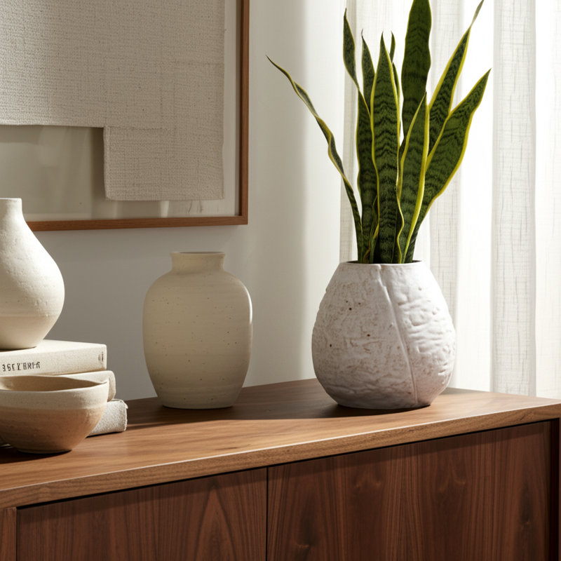Vase rond en céramique ivoire, H 11 po x l 11 po x P 11 po