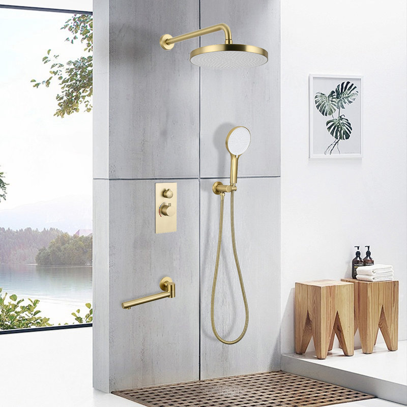 Luxury 3-Function Shower System Set - Solid Brass Control Valve, 10" Overhead Shower, 3-Spray Handheld, With Bathtub Spout