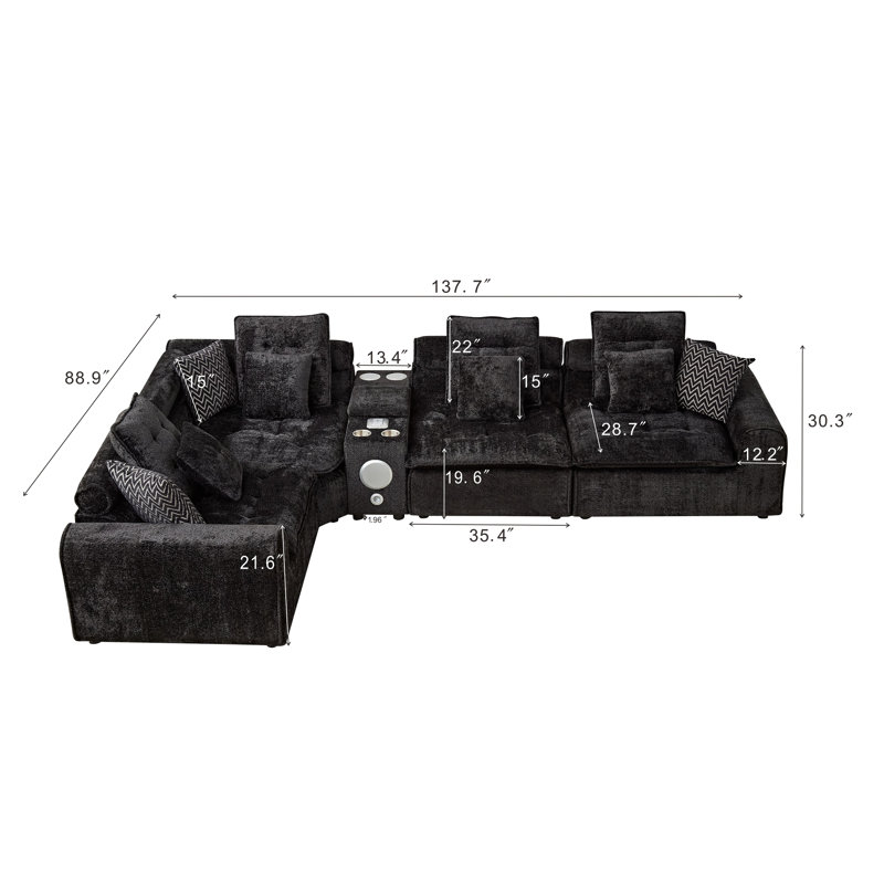 Upholstered Sectional, Black Boucle, 30.3" H x 137.7" W x 88.9" D