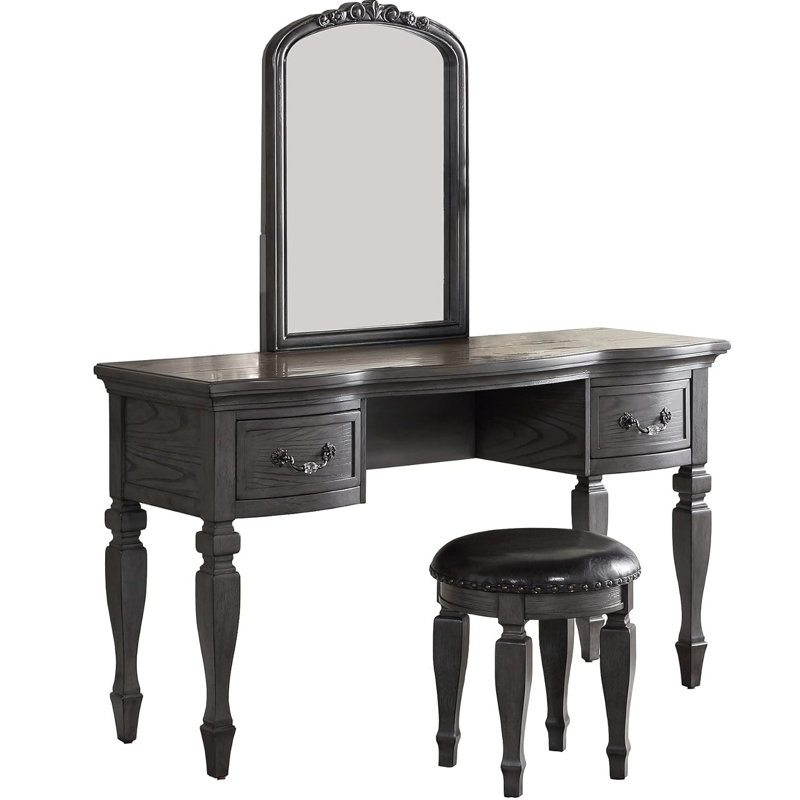 Antique  Vanity Set with Stool and Mirror, Large size (54" Wide), Gray