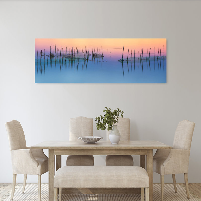 «Pastel Lake Poles Colorful Minimalist Peaceful Landscape Nature», art mural, H 60 po x l 20 po