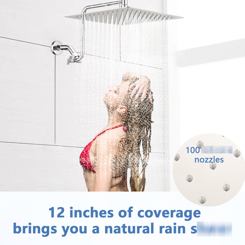 12 Inch Shower Head With Adjustable Arm - Stainless Steel Material, Full Body Coverage, Easy Installation 12" Square Showerhead Extension Steel, Low Maintenance, Bathroom Accessory Upgrade
