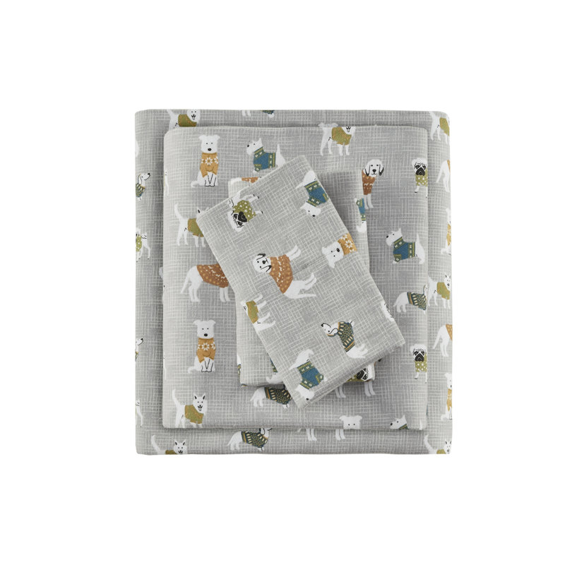 Ensemble de draps 100% coton Cozy, Ensemble de draps pour grand lit avec 2 taies d'or, Grey Dogs