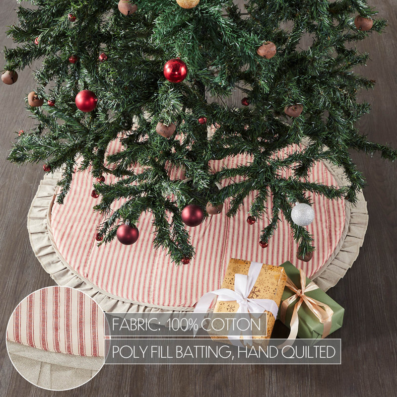 36" Red Ticking Stripe Farmhouse Tree Skirt with Ruffled Edge
