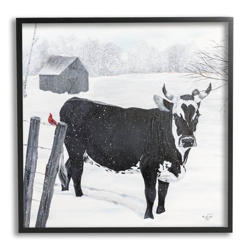 «Black Farm Cow Niveous Snow Covered Field», peinture sur toile à cadre flottant, Giclée encadrée noir minuit