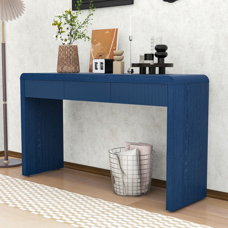 Console rustique en bois minimaliste avec tiroirs de rangement, pieds réglables et bords arrondis, Marine