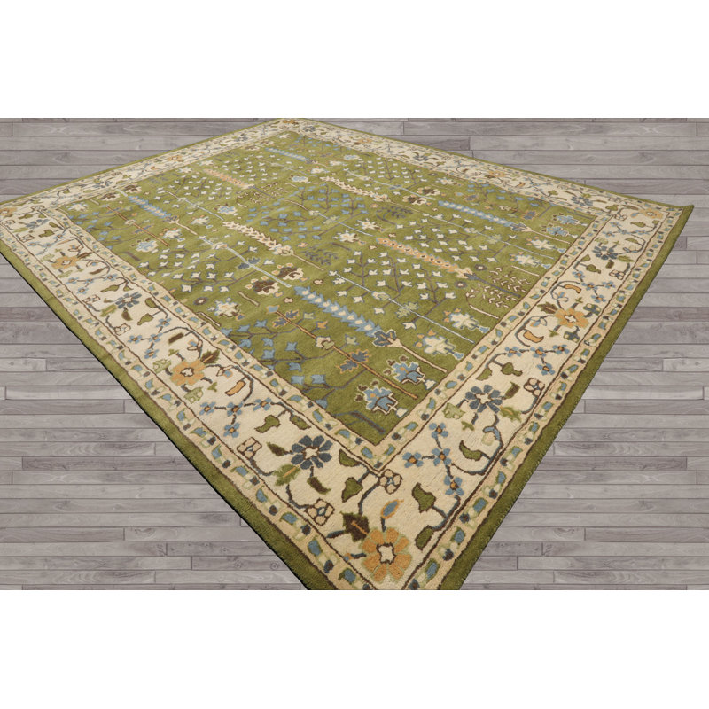 Tapis traditionnel en laine artisanal vert, Rectangle 9 pi x 12 pi