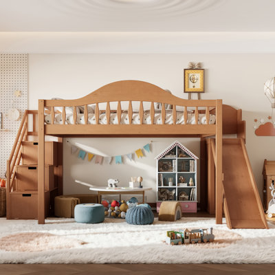Full Loft Bed with Slide, Storage Stairs & Wardrobe, Wood Loft Bed Frame with High Guardrails for Kids Bedroom.  Walnut