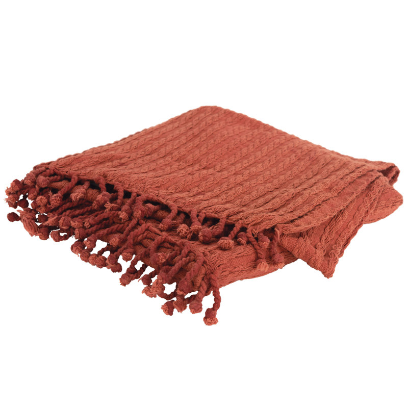 Jeté rayé tricoté 50 po x 60 po en coton orange brûlé avec pampilles