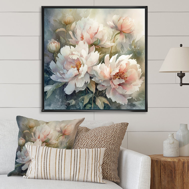 Pink Green Peonies On Branch II On Canvas Print