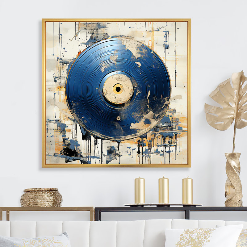 Disque vinyle blanc et bleu Melody, H 16 po x l 16 po x P 1 po, Cadre flottant doré