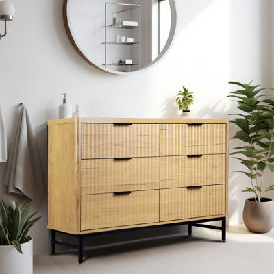 Fluted Design 6-Drawers Wood Dresser Storage Organizer, Wooden Tall Chest of Drawers