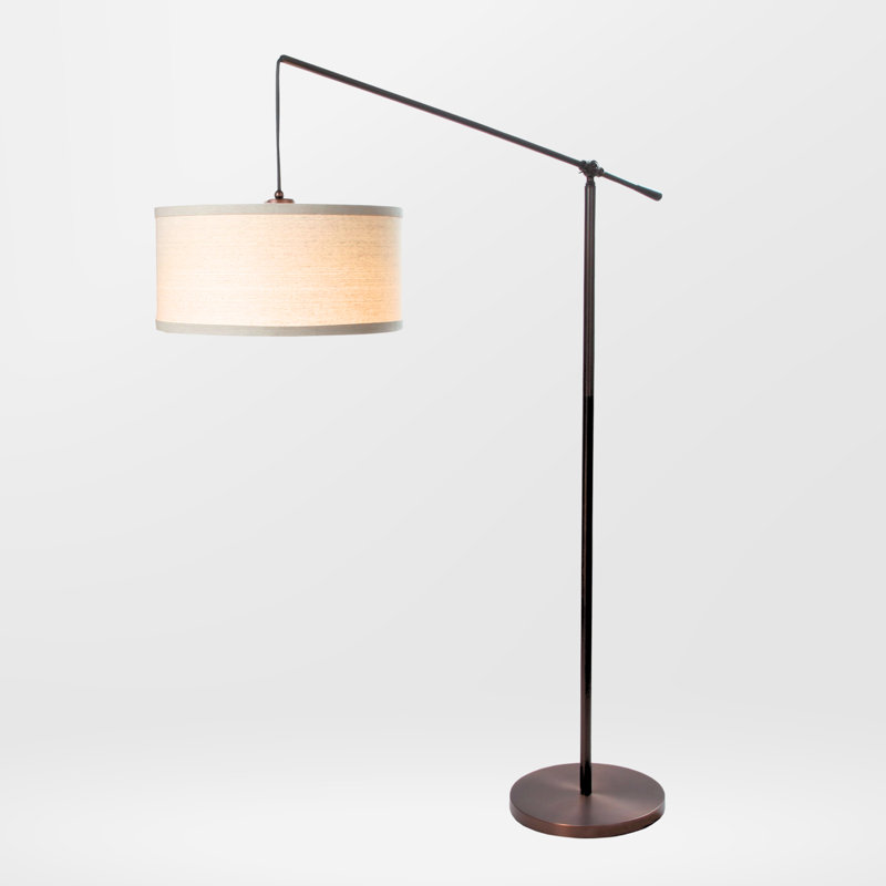 Hudson 70 in. Modern Height-Adjustable LED Tall Standing Floor Lamp with Beige Fabric Drum Shade, Bronze
