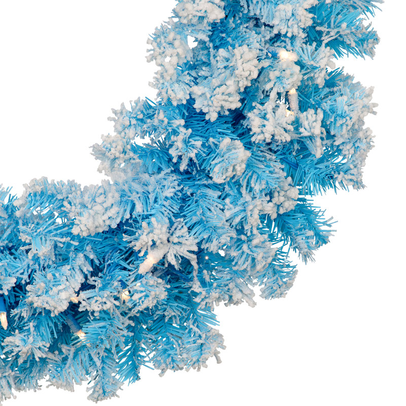 Pre-Lit Flocked Pine Artificial Christmas Wreath - 24" - Clear Lights, Sky Blue
