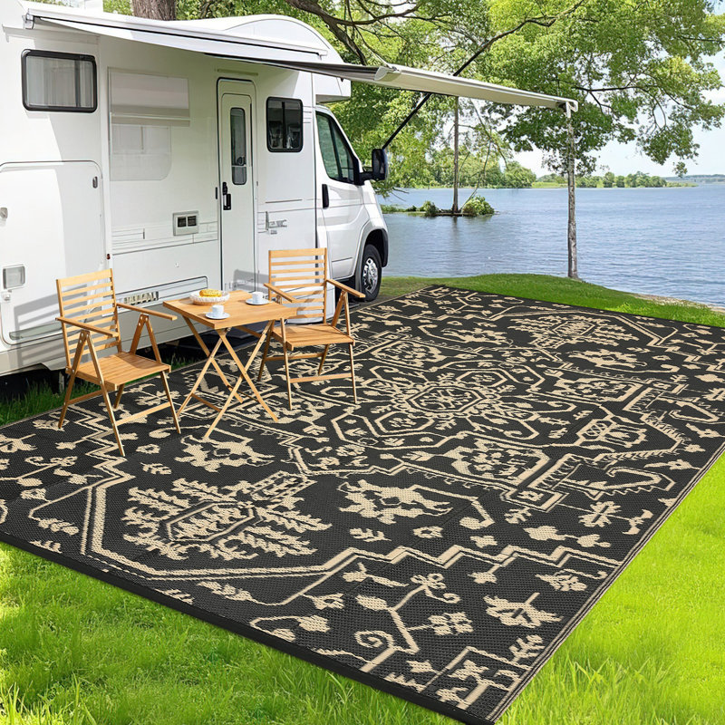 Reversible Outdoor Rug, 9' x 12', Waterproof Plastic with UV-Resistant Finish, Foldable with Stakes and Carry Bag for Patio, Deck, Camping or RV
