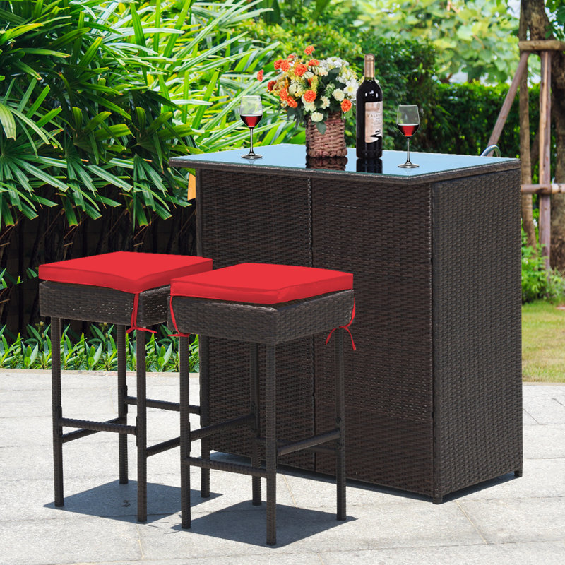 Cahmari 2 - Person Patio Dining Set with Rectangular Table , Cushions Included, Red