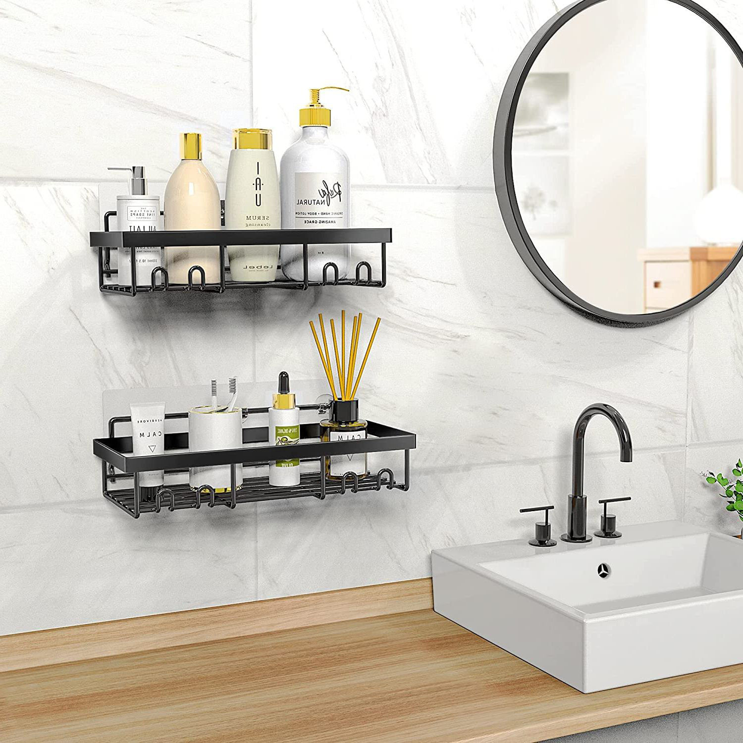Lucine Holder for Kitchen Sink Adhesive Sponge Caddy Shower Shelf with Hooks Stick Rebrilliant