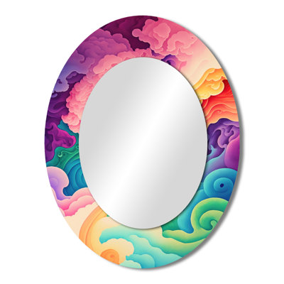 Multicolor Swirly Clouds II - Pink Modern Oval Wall Mirror