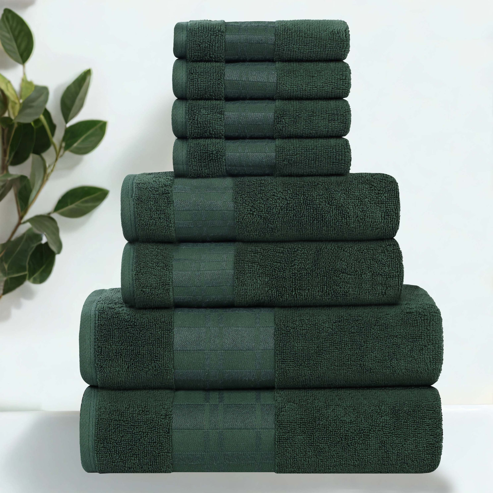 8-Piece Geometric Border Cotton Towel Set, Forest Green