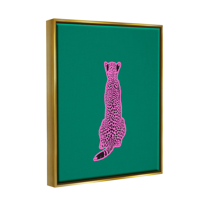 Guépard rose sur cadre flottant vert par House of Lulu, Cadre flottant métallique doré, H 31 po x l 25 po x P 1,7 po