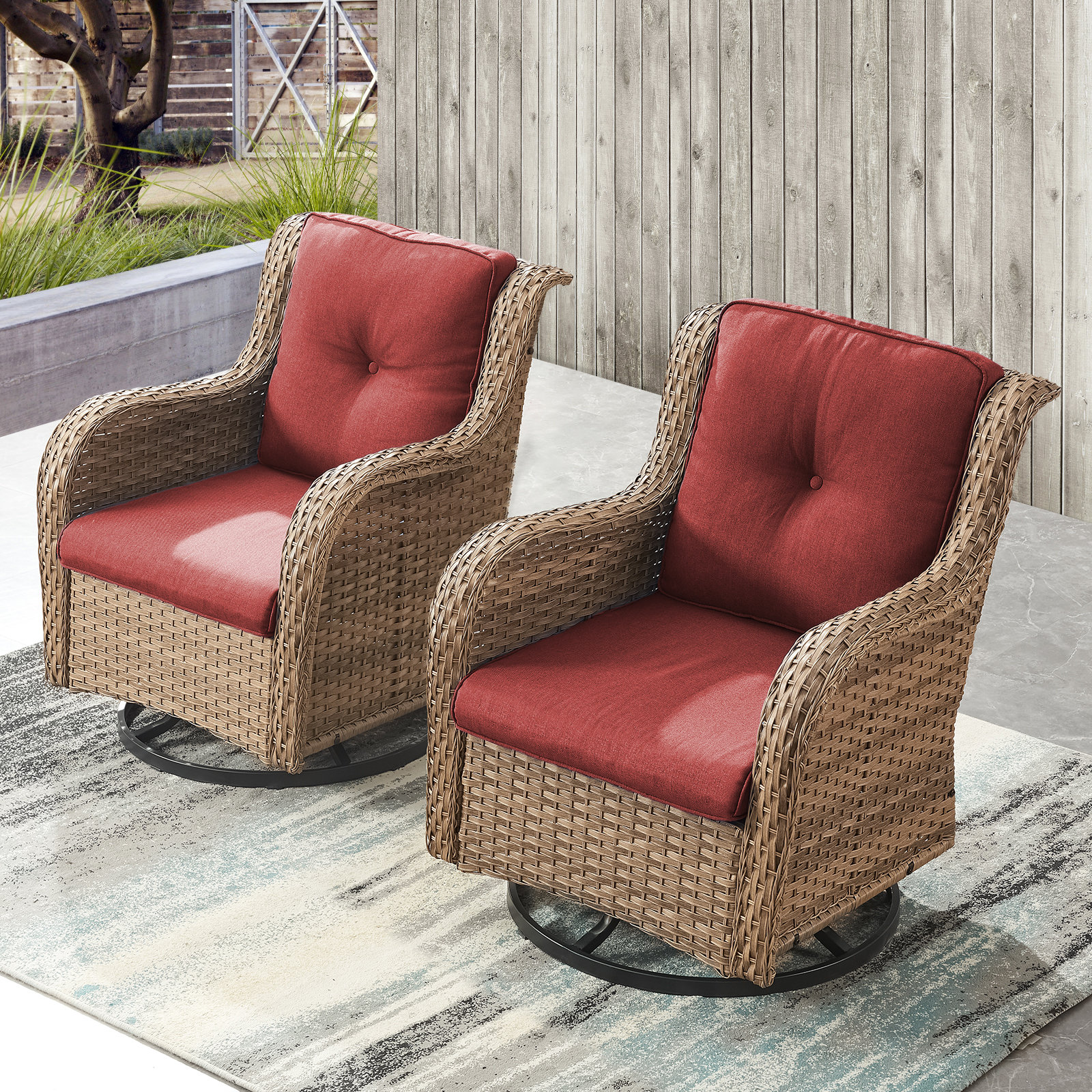 Lark Manor Ashawn Wicker Outdoor Swivel Rocker Chair with Cushions